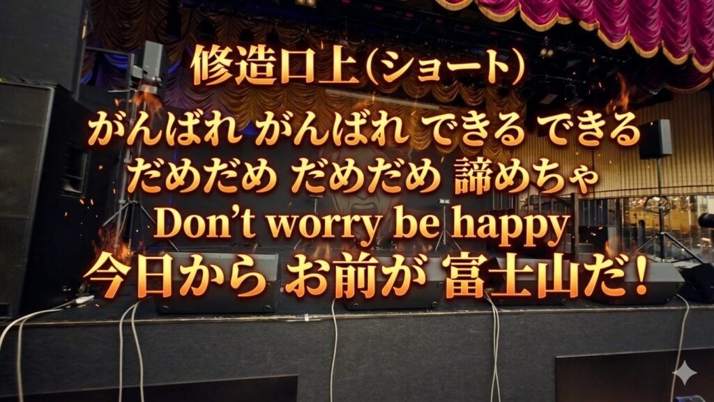 ステージの写真を背景に以下のコールをテキストとして埋め込んでいる。 修造口上(ショート) がんばれがんばれできるできる だめだめだめだめ諦めちゃ Dont worry be happy 今日からお前が富士山だ