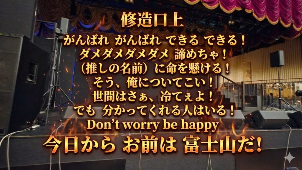 ステージの写真に以下のコールの文言がテキストとして埋め込まれている。 修造口上 がんばれがんばれできるできる！ ダメダメダメダメ諦めちゃ！ (推しの名前)に命を懸ける！ そう、俺についてこい！ 世間はさぁ、冷てぇよ！ でも分かってくれる人はいる！ Don’t worry be happy 今日からお前は富士山だ！