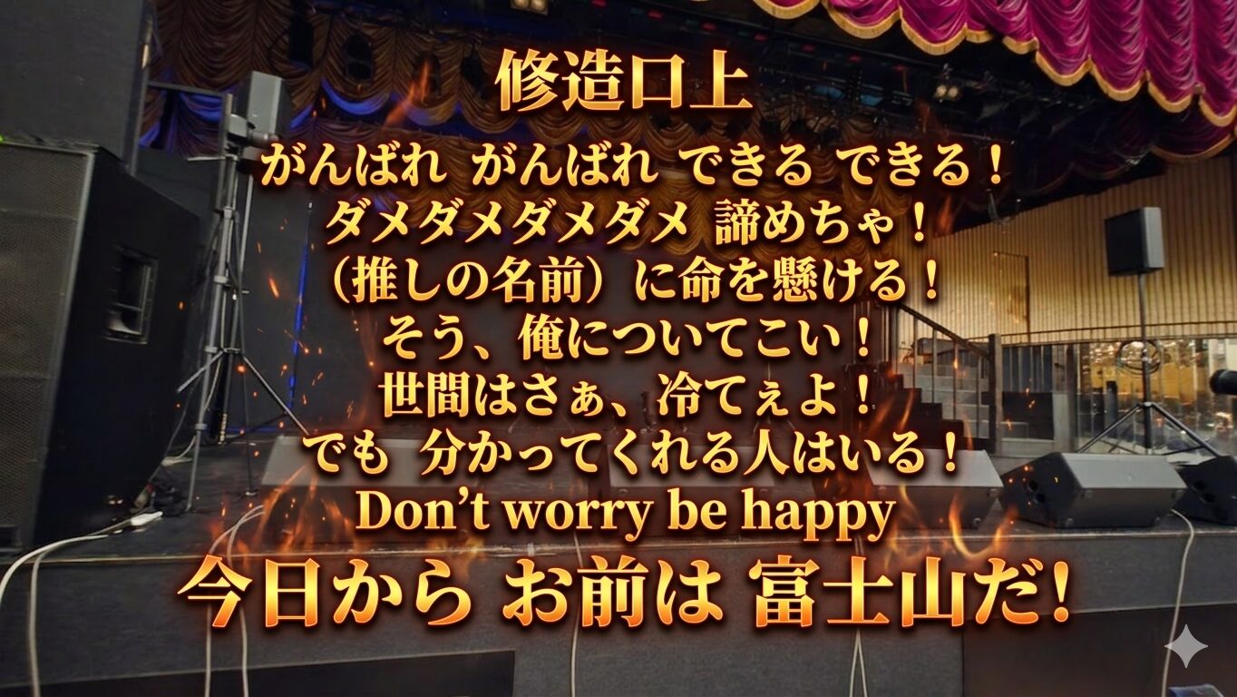 ステージの写真に以下のコールの文言がテキストとして埋め込まれている。 修造口上 がんばれがんばれできるできる！ ダメダメダメダメ諦めちゃ！ (推しの名前)に命を懸ける！ そう、俺についてこい！ 世間はさぁ、冷てぇよ！ でも分かってくれる人はいる！ Don’t worry be happy 今日からお前は富士山だ！