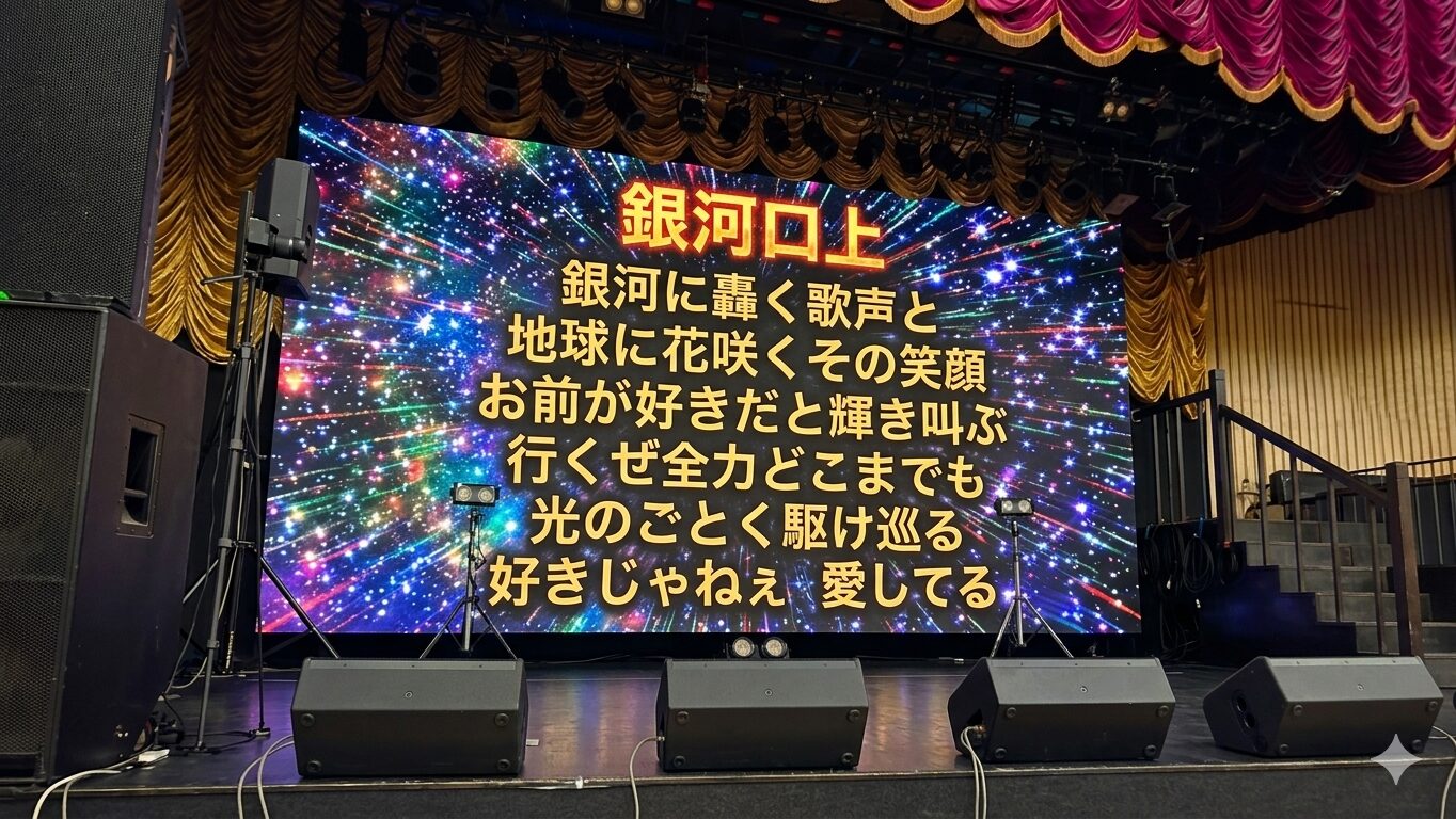 新世紀ホールのステージの写真にGeminiの合成技術でバックスクリーンが追加され、そこにコールが映し出されている。テキストで埋め込まれたコールの内容は以下の通り。 銀河口上 銀河に轟く歌声と 地球に花咲くその笑顔 お前が好きだと輝き叫ぶ 行くぜ全力どこまでも 光のごとく駆け巡る 好きじゃねぇ 愛してる