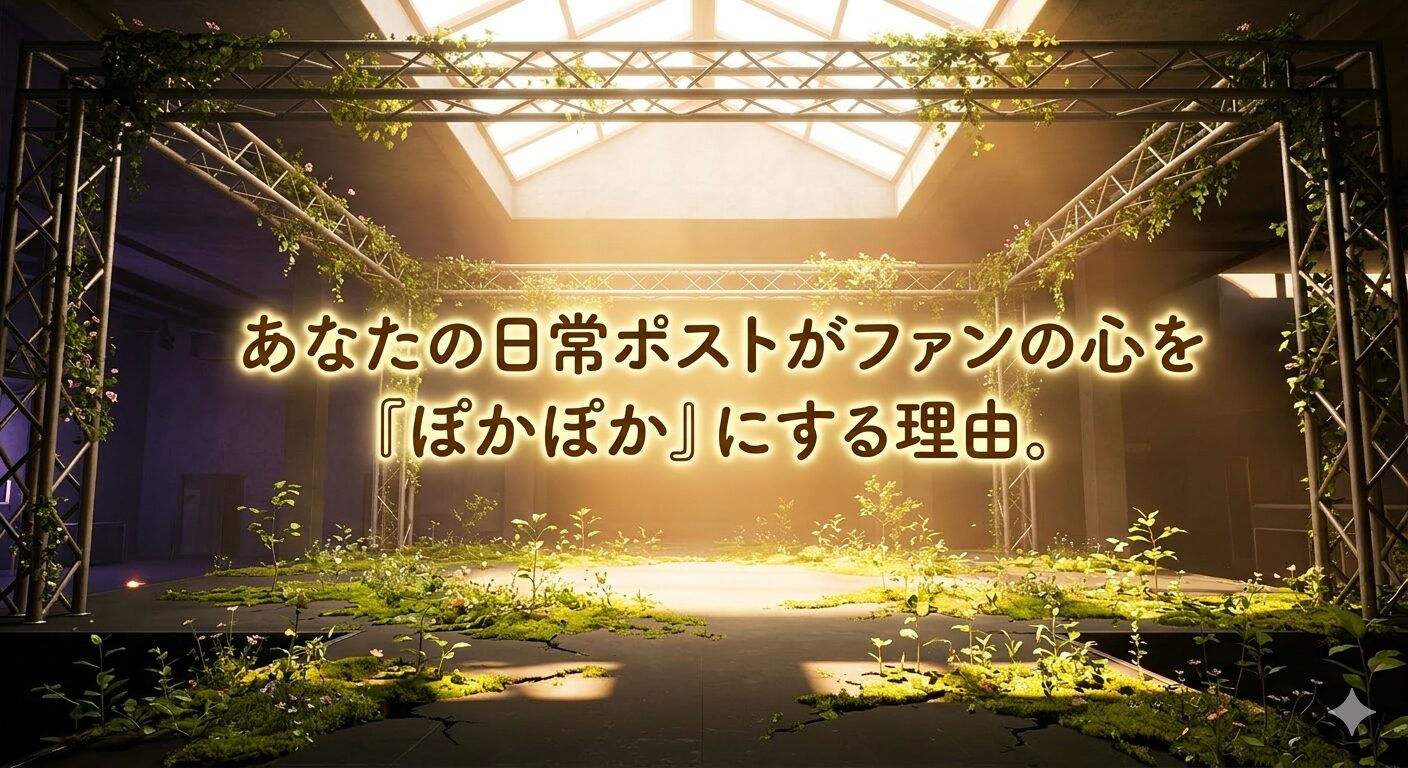 アイキャッチ画像。ステージに天窓から光が射し込み、その光を受けて植物が芽吹いている。真ん中に「あなたの日常ポストがファンの心を『ぽかぽか』にする理由」というテキストが埋め込まれている。