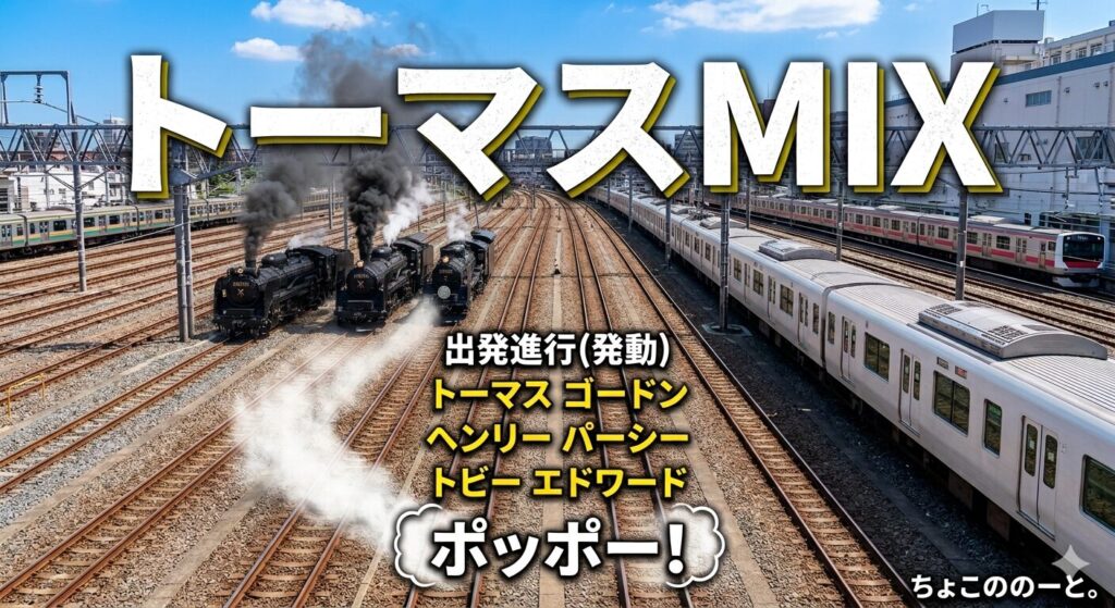 いくつもの線路が並ぶ駅の写真の中に、3両の黒い機関車が並んでいて、そこにテキストが埋め込まれている。 テキストの内容は以下の通り。 トーマスMIX 出発進行(発動) トーマス ゴードン ヘンリー パーシー トビー エドワード ポッポー!