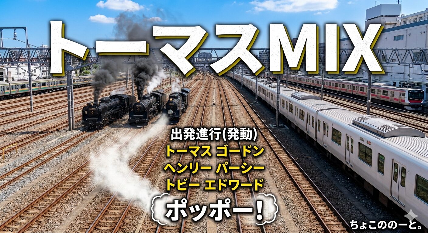 いくつもの線路が並ぶ駅の写真の中に、3両の黒い機関車が並んでいて、そこにテキストが埋め込まれている。 テキストの内容は以下の通り。 トーマスMIX 出発進行(発動) トーマス　ゴードン ヘンリー　パーシー トビー　エドワード ポッポー！
