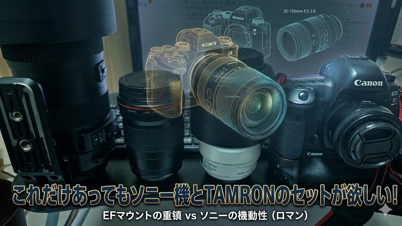 カメラ本体と各種レンズが3本並べてある写真に、うっすらとSONYのカメラに憧れのレンズが装着されているしるええっとが浮かんでいる。後ろにあるディスプレイにはカメラ本体とレンズ、レンズの上には35-150mm F2-2.8と欲しいレンズのスペックが書いてある。 下部には「これだけあってもソニー機とTAMRONのセットが欲しい！　EFマウントの重鎮VSソニーの機動性(ロマン)」というテキストが埋め込まれている。