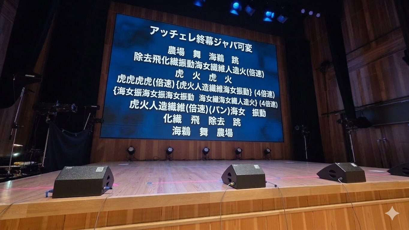 ステージのバックスクリーンにコールのテキストが映し出されている。以下コールの内容。 アッチェレ終幕ジャパ可変 農場　舞　海鵜　跳 除去飛化繊振動海女繊維人造火(倍速) 虎　火　虎　火 虎虎虎虎(倍速){虎火人造繊維海女振動｝(4倍速) {海女振海女振海女振動　海女繊海女繊人造火｝(4倍速) 虎火人造繊維(倍速)(パン)海女　振動 化繊　飛　除去　跳 海鵜　舞　農場