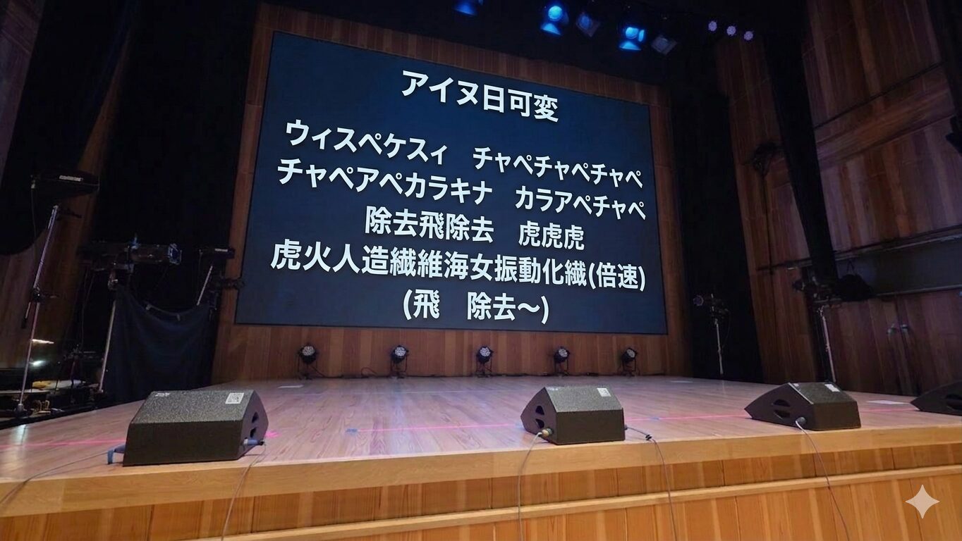 ステージのバックスクリーンにコールのテキストが映し出されている。以下コールの内容。 アイヌ日可変 ウィスペケスィ　チャペチャペチャペ チャッパペカラキナ　カラアペチャペ 除去飛除去　虎虎虎 虎火人造繊維海女振動化繊(倍速) (飛　除去～)