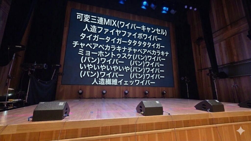 ステージのバックスクリーンにコールのテキストが映し出されている。以下コールの内容。 可変三連MIX 人造ファイヤファイボワイパー タイガータイガータタタタタイガー チャペアペカラキナチャペアペカラキナ ミョーホントゥスケ(パン)ワイパー (パン)ワイパー　(パン)ワイパー いやいやいやいや(パン)ワイパー (パン)ワイパー　(パン)ワイパー 人造繊維イェッワイパー