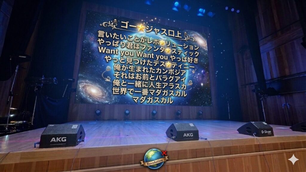 ステージのバックスクリーンに以下のテキストが表示されている。 ゴー☆ジャス口上 言いたいことがレボ☆リューション やっぱり君はファンタ☆スティック Want you Want you やっぱ好き やっと見つけたデス☆ティニー 俺が生まれたカンボジア それはお前とパラグアイ 俺と一緒に人生アラスカ 世界で一番マダガスカル マダガスカル