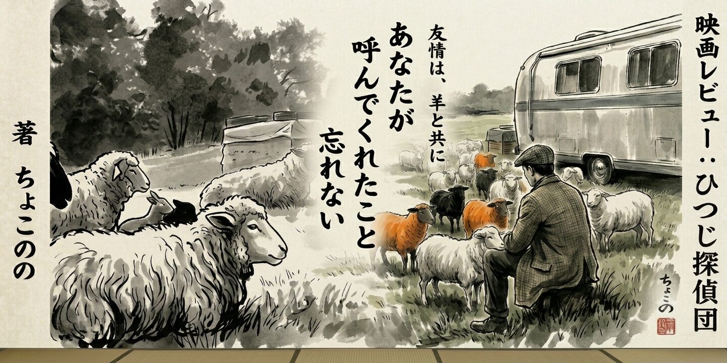 羊に囲まれて本を読んでいるイラストに「映画レビュー:ひつじ探偵団 友情は、羊と共に あなたが呼んでくれたこと 忘れない」というテキストが埋め込まれている。