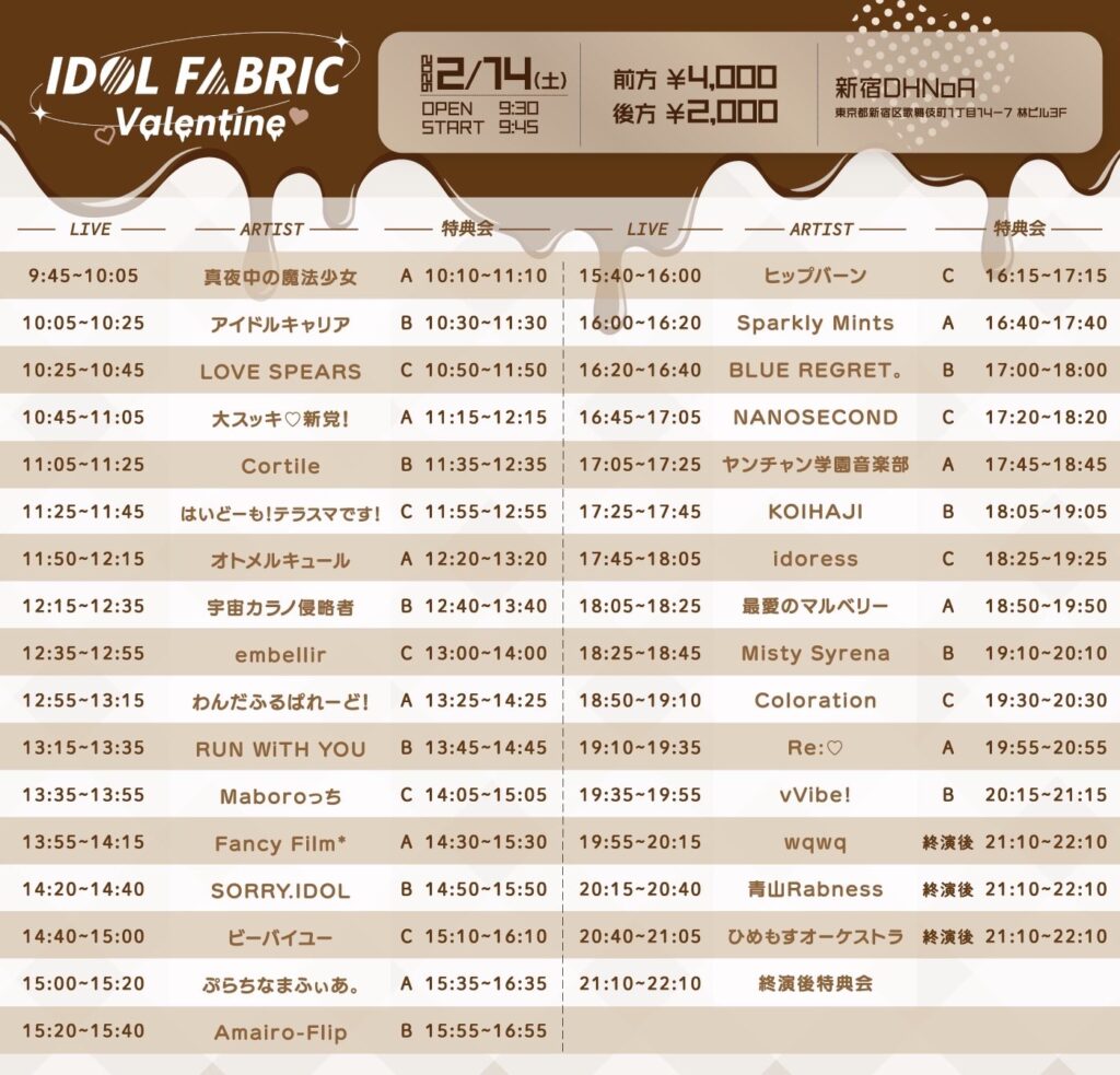 2026年2月14日に新宿DHNoAにて開催されたIDOL FABRIC Valentineのタイムテーブル付きイベントフライヤー。タイムテーブル順出演者一覧：真夜中の魔法少女、アイドルキャリア、LOVE SPEARS、大スッキ♡新党！、Cortile、はいどーも！テラスマです！、オトメルキュール、宇宙カラノ侵略者、embellir、わんだふるぱれーど！、RUN WITH YOU、Maboroっち、Fancy Film*、SORRY.IDOL、ビーバイユー、ぷらちなまふぃあ。、Amairo-Flip、ヒップバーン、Sparkly Mints、BLUE REGRET。、NANOSECOND、ヤンチャン学園音楽部、KOIHAJI、idoress、最愛のマルベリー、Misty Syrena、Coloration、Re:♡、vVibe!、wqwq、青山Rabness、ひめもすオーケストラ