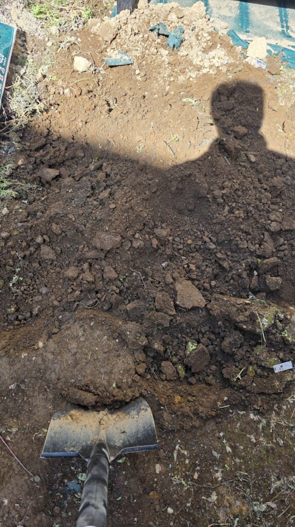 土を掘り返している最中の庭の様子。