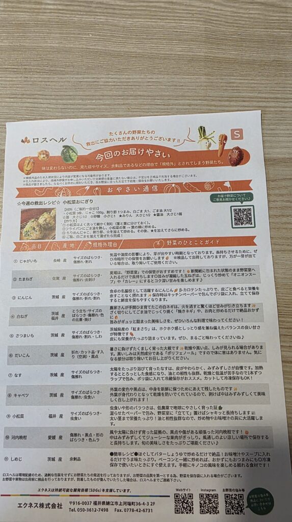 ロスヘルから届いた今回のお届けやさいの便り。どんな野菜が入っているのか、規格外の理由、ひとことポイントやおすすめレシピが載っている。