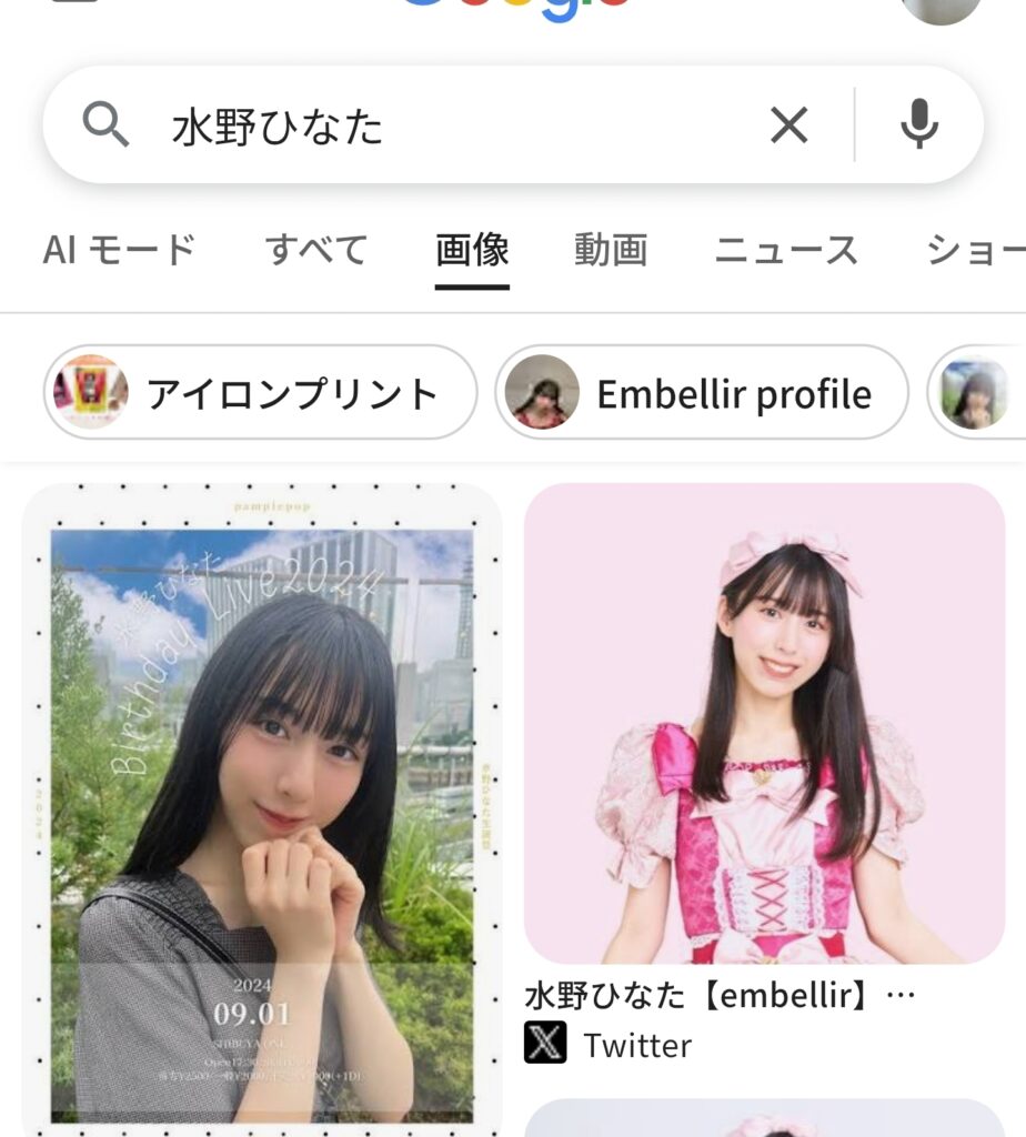 Googleで「水野ひなた」と検索した結果画面。絞り込みカテゴリに「アイロンプリント」という項目が追加されている。