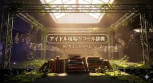 天窓から光が差し込んでいるステージの上は植物が繁茂している。そこに積み上げられた辞書からは音符が飛び出している。アイドル現場のコール辞典 by ちょこののーとというテキストが埋め込まれている。