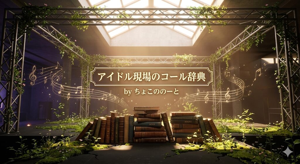 天窓から光が差し込んでいるステージの上は植物が繁茂している。そこに積み上げられた辞書からは音符が飛び出している。アイドル現場のコール辞典 by ちょこののーとというテキストが埋め込まれている。