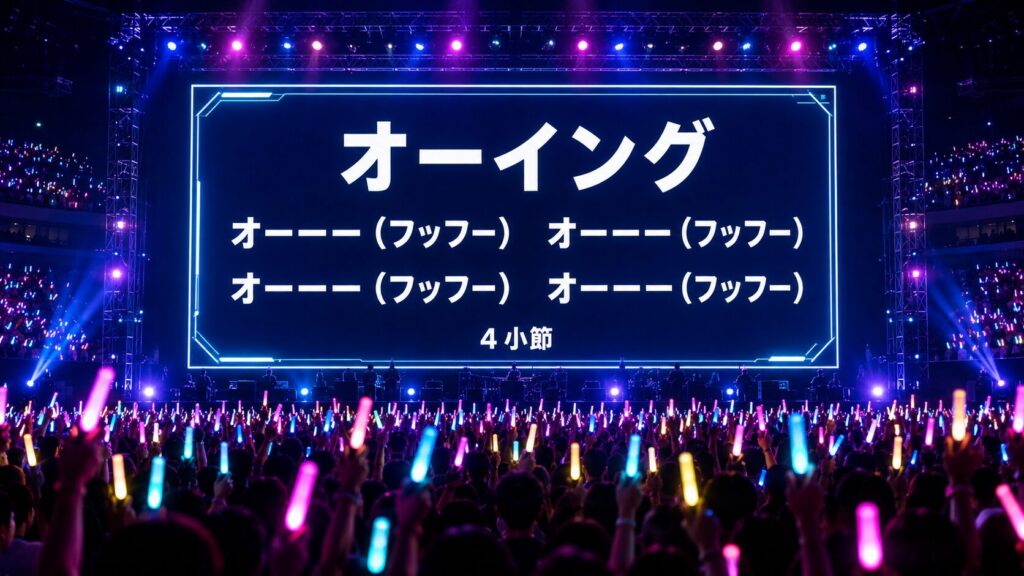 ペンライトが輝くライブ会場のステージと、コールのカンペが表示された大型バックモニター。モニターには「オーイング」「オーーー(フッフー)　オーーー(フッフー)」「オーーー(フッフー)　オーーー(フッフー)」というテキストが埋め込まれている。