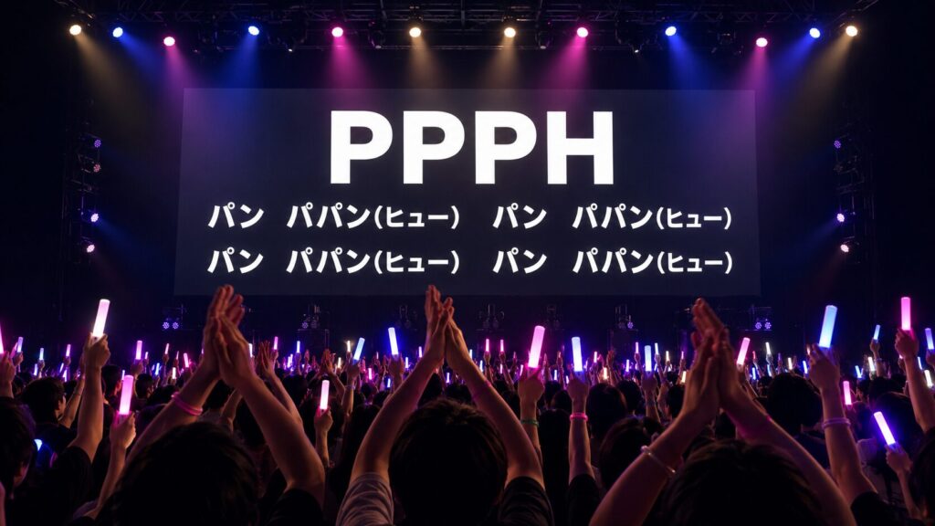 ペンライトが輝くライブ会場で、手拍子をする客席とコールのカンペが表示された大型バックモニター。モニターには「PPPH」「パン　パパン(ヒュー)　パン　パパン(ヒュー)」「パン　パパン(ヒュー)　パン　パパン(ヒュー)」というテキストが埋め込まれている。