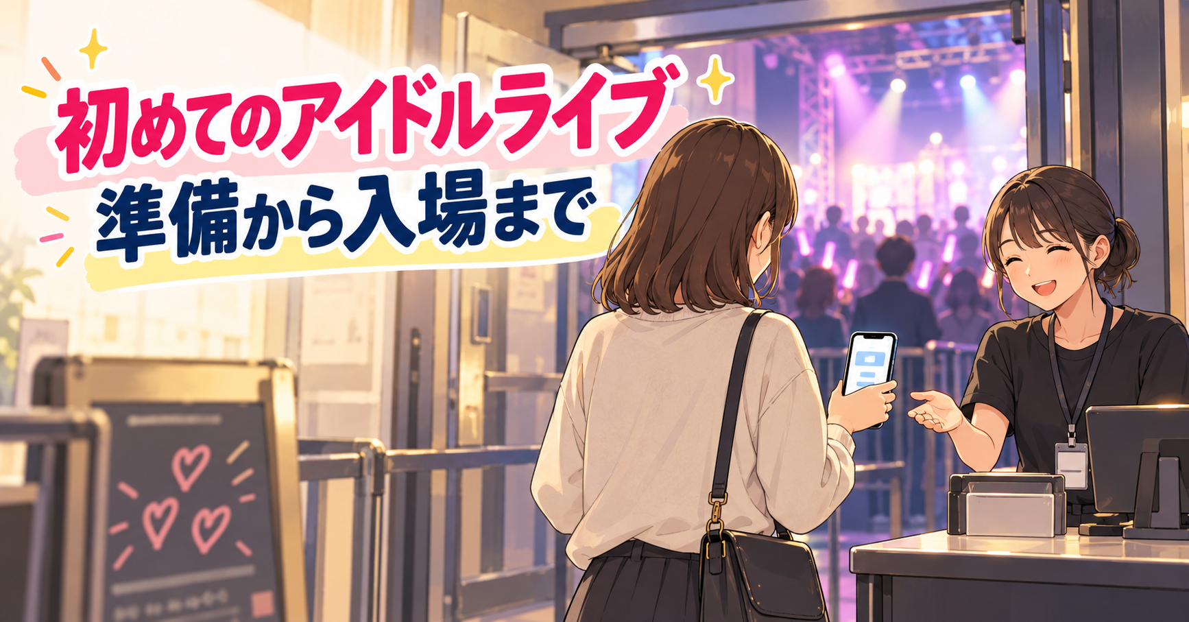 ライブハウスの受付でスマートフォンのチケットをスタッフに見せる来場者のイラスト。「初めてのアイドルライブ　準備から入場まで」の文字。
