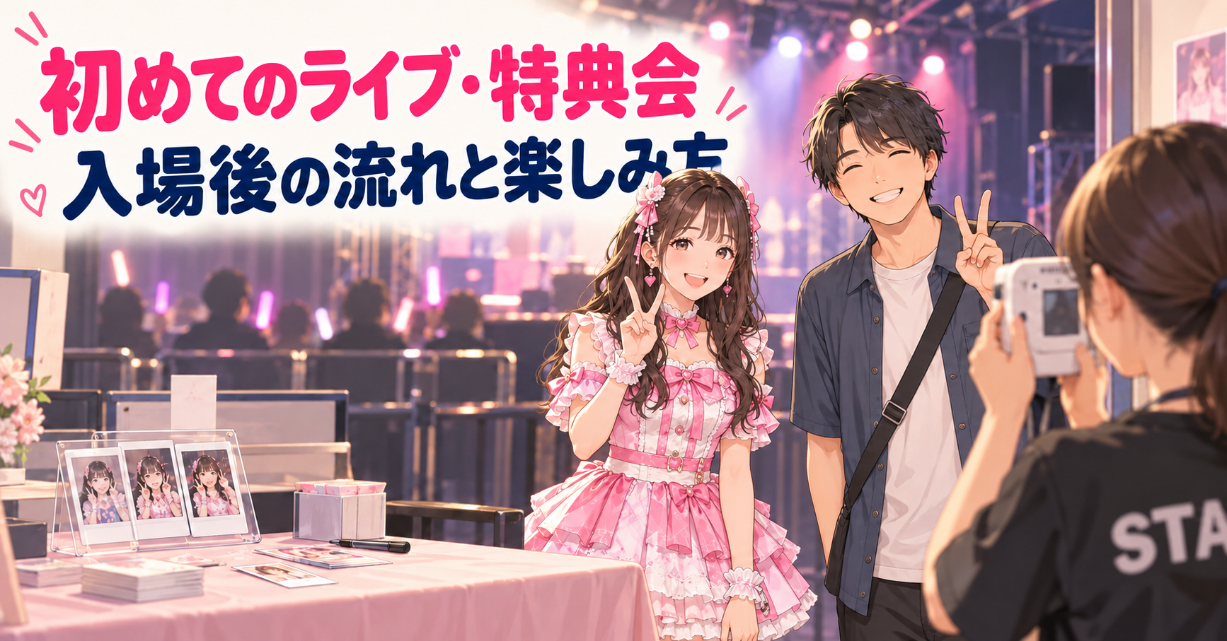 アイドルとファンが間隔を空けて並び、スタッフがチェキを撮影するイラスト。「初めてのライブ・特典会　入場後の流れと楽しみ方」の文字。