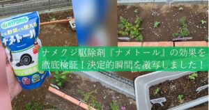 ナメクジ駆除剤『ナメトール』を撒こうとしている写真や実際に撒いた後の状態をコラージュにし、「ナメクジ駆除剤『ナメトール』の効果を徹底検証！決定的瞬間を激写しました！」というテキストを埋め込んでいる。