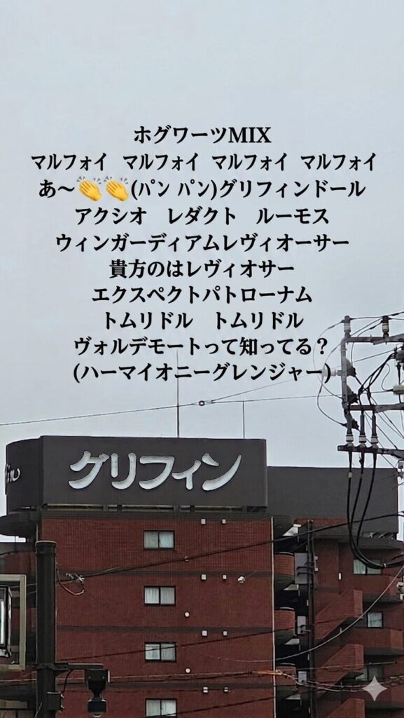 グリフィンという建物の看板の上空のスペースに以下のテキストが埋め込まれている。 ホグワーツMIX マルフォイ　マルフォイ　マルフォイ　マルフォイ あ～(ﾊﾟﾝ　ﾊﾟﾝ)グリフィンドール アクシオ　レダクト　ルーモス ウィンガーディア厶レヴィオーサー 貴方のはレヴィオサー エクスペクトパトローナム トムリドル　トムリドル ヴォルデモートって知ってる？ (ハーマイオニーグレンジャー)