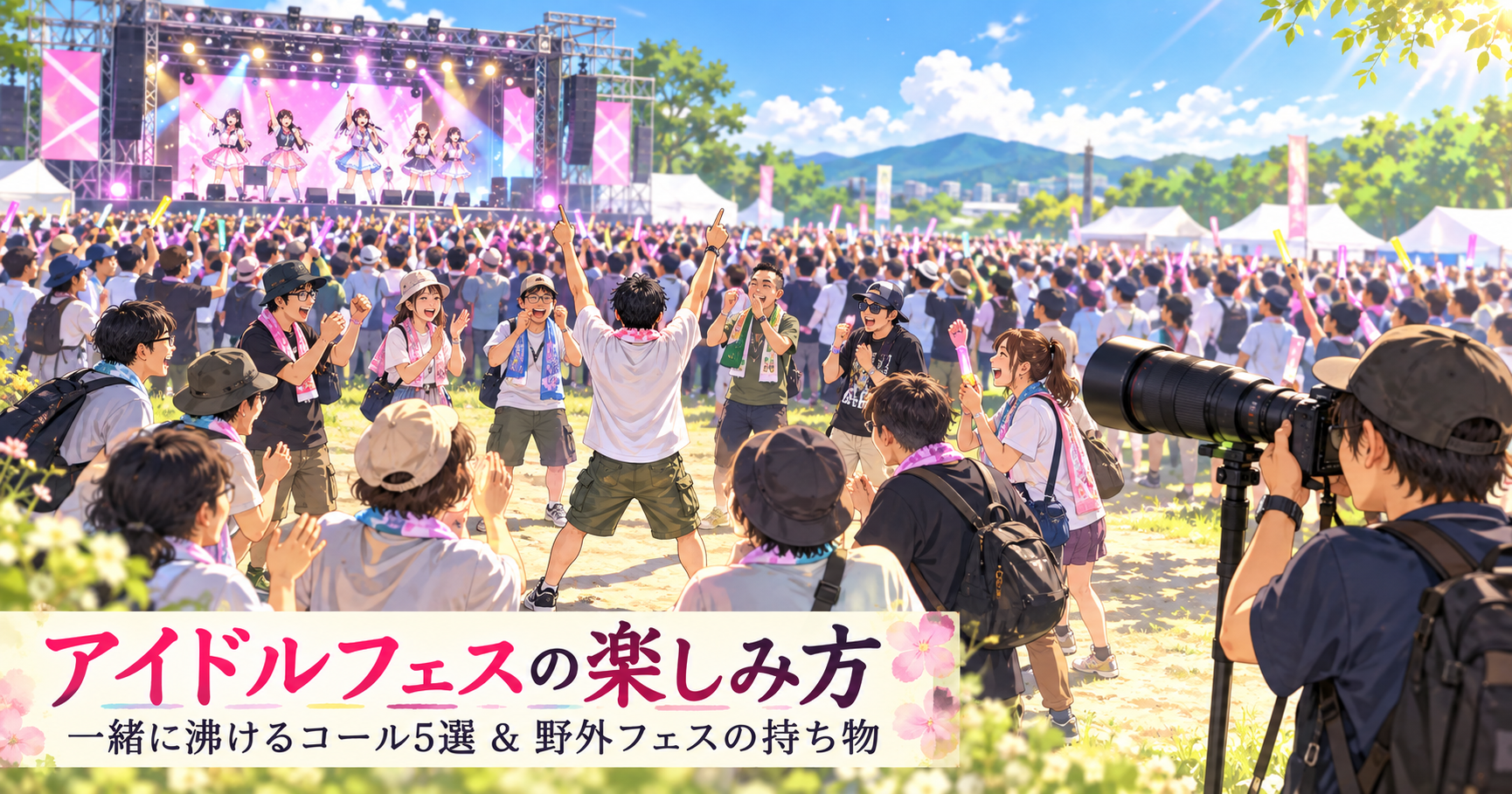 青空の下の野外アイドルフェス。奥のステージでアイドルが歌い、ペンライトを掲げた大勢の観客が見ている。手前の後方エリアでは、ファンたちが輪になり、その中心で一人が両手の人差し指を突き上げて先導している。右手前では、帽子をかぶったカメコが一脚に載せた長い望遠レンズを構えている。左下に「アイドルフェスの楽しみ方」「一緒に沸けるコール5選＆野外フェスの持ち物」の文字。