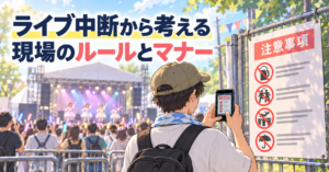 野外のアイドルライブ会場で、フェンスに掲示された注意事項をスマートフォンで撮影する観客のイラスト。文字は「ライブ中断から考える　現場のルールとマナー」。