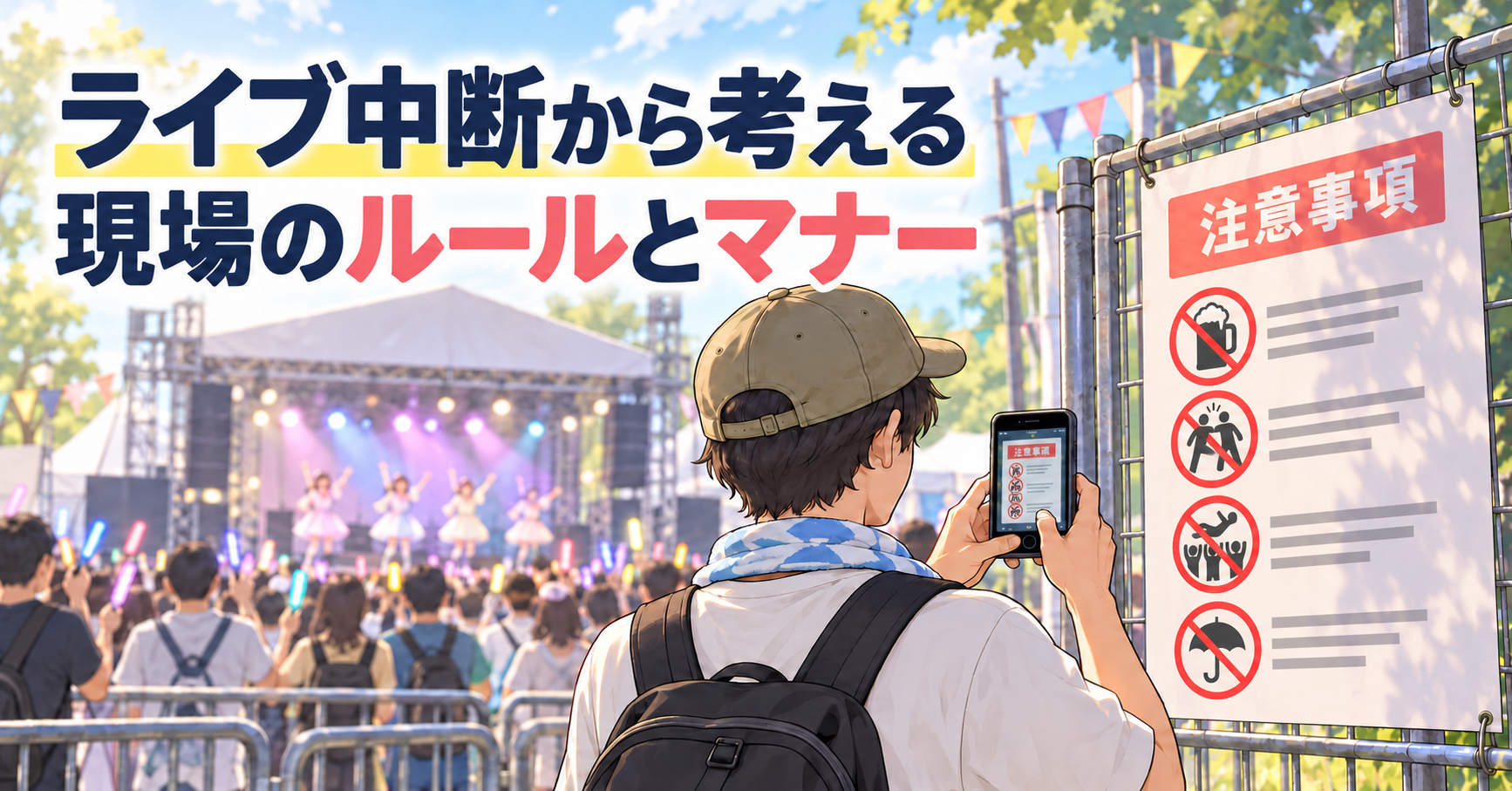 野外のアイドルライブ会場で、フェンスに掲示された注意事項をスマートフォンで撮影する観客のイラスト。文字は「ライブ中断から考える　現場のルールとマナー」。