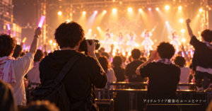 ブログのアイキャッチ画像。アイドルライブのフロア後方から見た、暖かい照明の場面。 中央に、脇を締めて一眼レフ（長い望遠レンズ付き）を胸の高さで構えるカメラマン。 その周りで、ペンライトを振る人、コールする人、ジャンプする人がそれぞれ楽しんでいる。 誰も迷惑そうにしていない、撮る人も撮らない人も一緒に楽しんでいる雰囲気。 アイドルライブ撮影のルールとマナーというテキストが埋め込まれている。