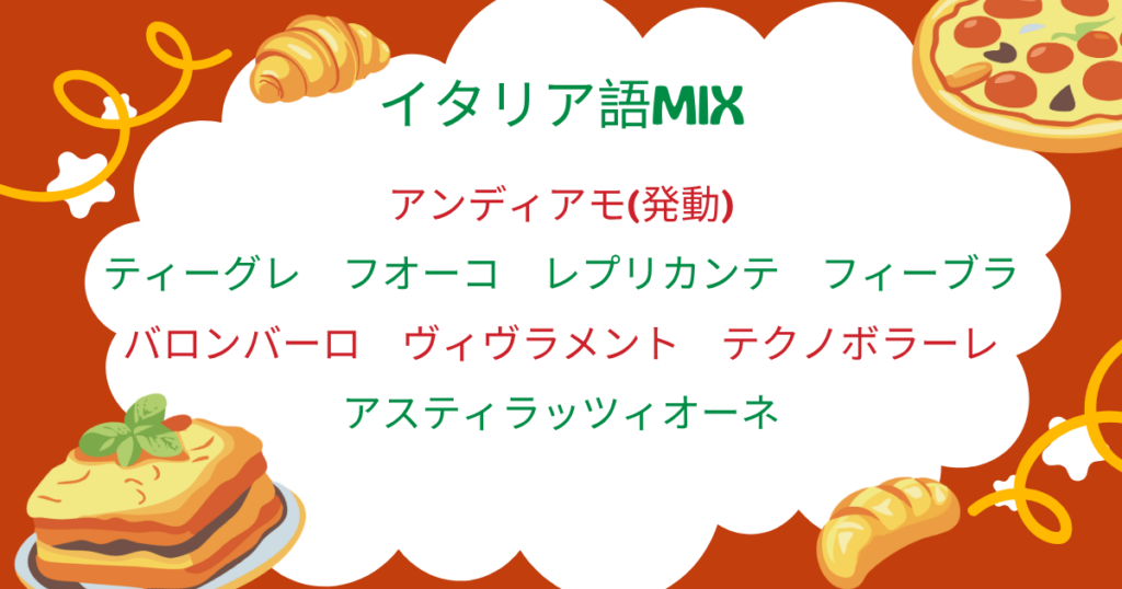 ピザやクロワッサンを背景に以下のテキストが埋め込まれている。 イタリア語MIX アンディアモ(発動) ティーグレ　フオーコ　レプリカンテ　フィーブラ バロンバーロ　ヴィヴラメント　テクノボラーレ アスティラッツィオーネ