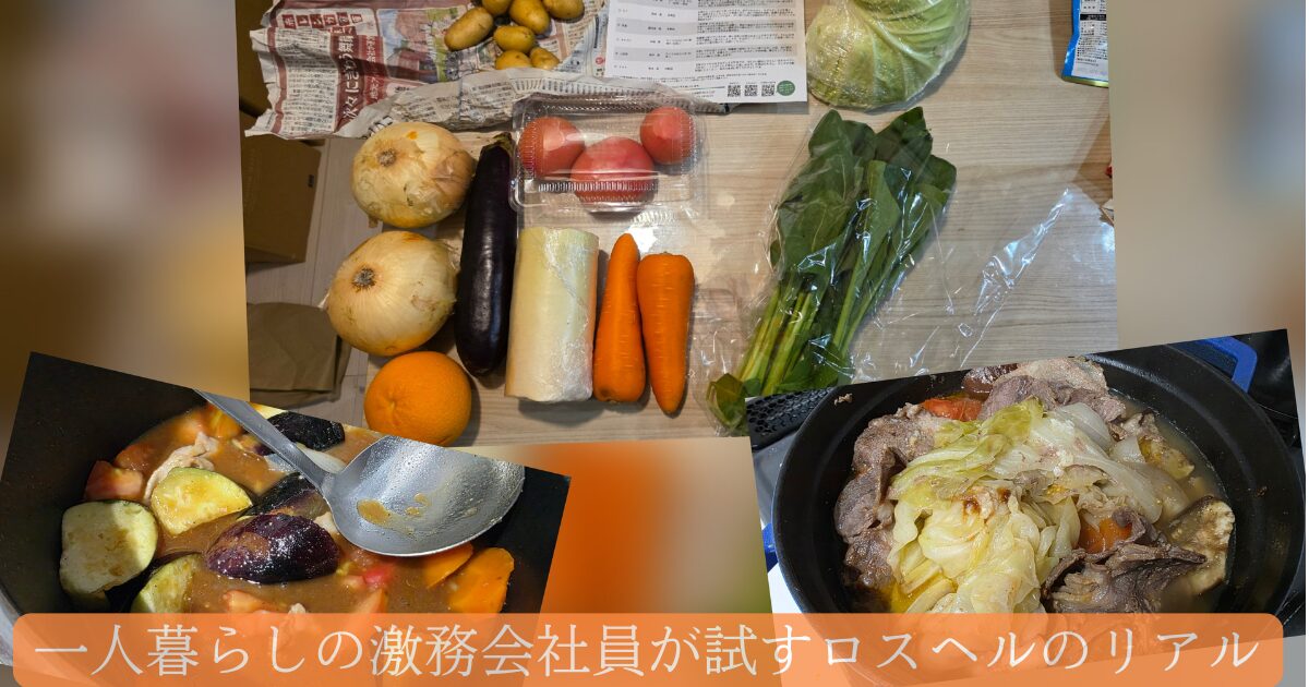 ロスヘルで届いた野菜の写真、その野菜を使って作った夏野菜入りカレー、無水トマトジンギスカン風煮込みの写真をコラージュにした画像に以下のテキストを埋め込んでいる 「一人暮らし激務会社員が試すロスヘルのリアル」