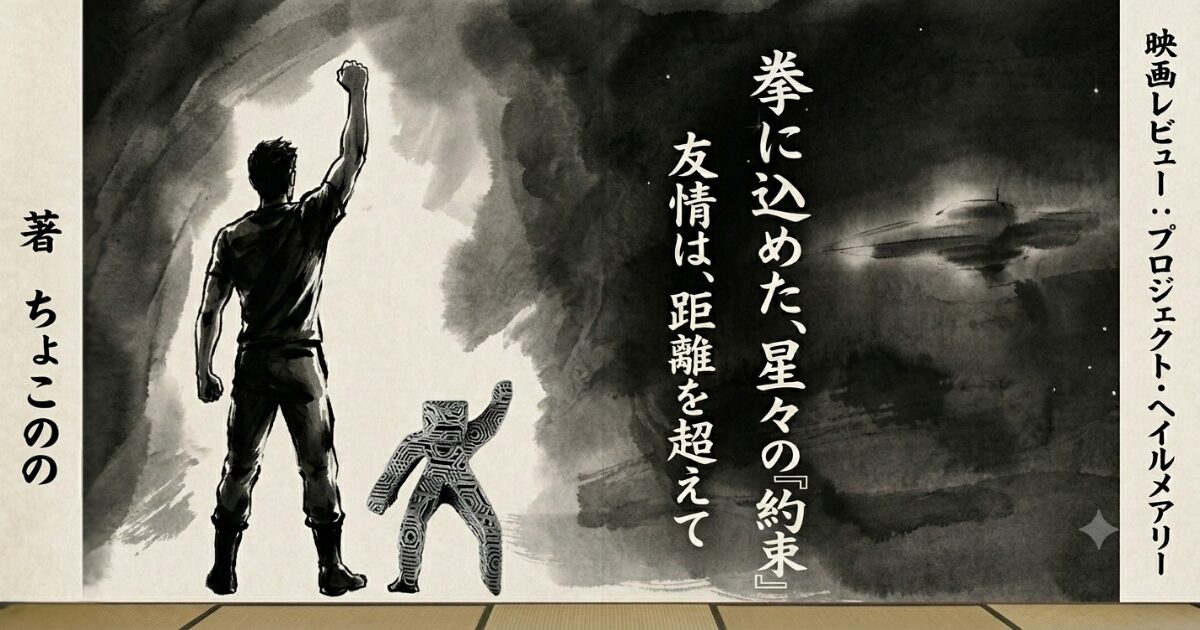 ブログアイキャッチ。墨絵で拳を突き上げる男と一体。見据える先に宇宙船。そこに「映画レビュー プロジェクトヘイルメアリー 拳に込めた星々の約束 友情は、距離を超えてと言うテキストが埋め込まれている。
