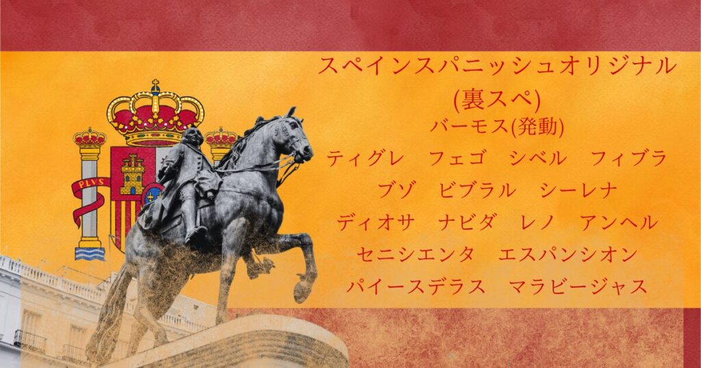 スペインの国旗風の背景に以下のテキストが埋め込まれている。 スペインスパニッシュオリジナル(裏スペ) バーモス(発動) ティグレ　フェゴ　シベル　フィブラ ブゾ　ビブラル　シーレナ ディオサ　ナビダ　レノ　アンヘル セニシエンタ　エスパンシオン パイースデラス　マラビージャス