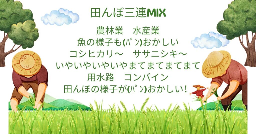 田植えをしている画像の空白部分に以下のテキストが埋め込まれている。 田んぼ三連MIX 農林業　水産業 魚の様子も(ﾊﾟﾝ)おかしい コシヒカリ〜　ササニシキ〜 いやいやいやいやまてまてまてまて 用水路　コンバイン 田んぼの様子が(ﾊﾟﾝ)おかしい！