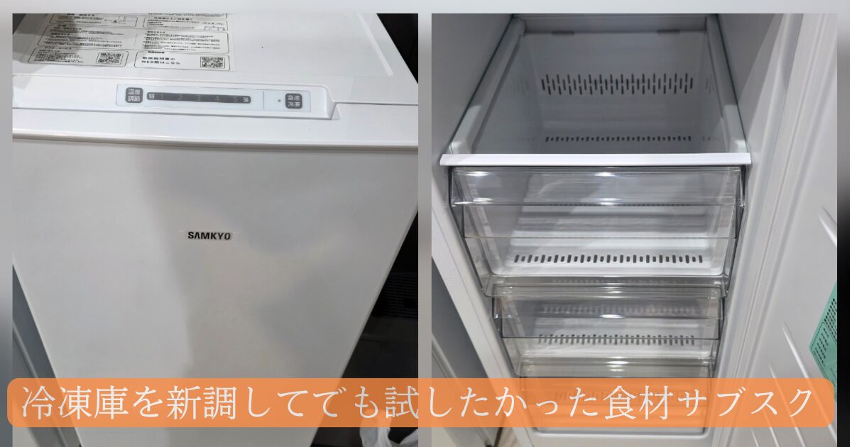 冷凍庫の本体の写真とドアを開けた中の写真をコラージュし、「冷凍庫を新調してでも試したかった食材サブスク」というテキストが埋め込まれている。