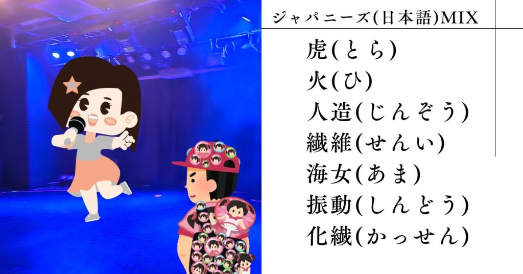 ジャパニーズMIX(日本語MIX)
虎(とら)　火(ひ)　人造(じんぞう)　繊維(せんい)　海女(あま)　振動(しんどう)　化繊(かっせん)